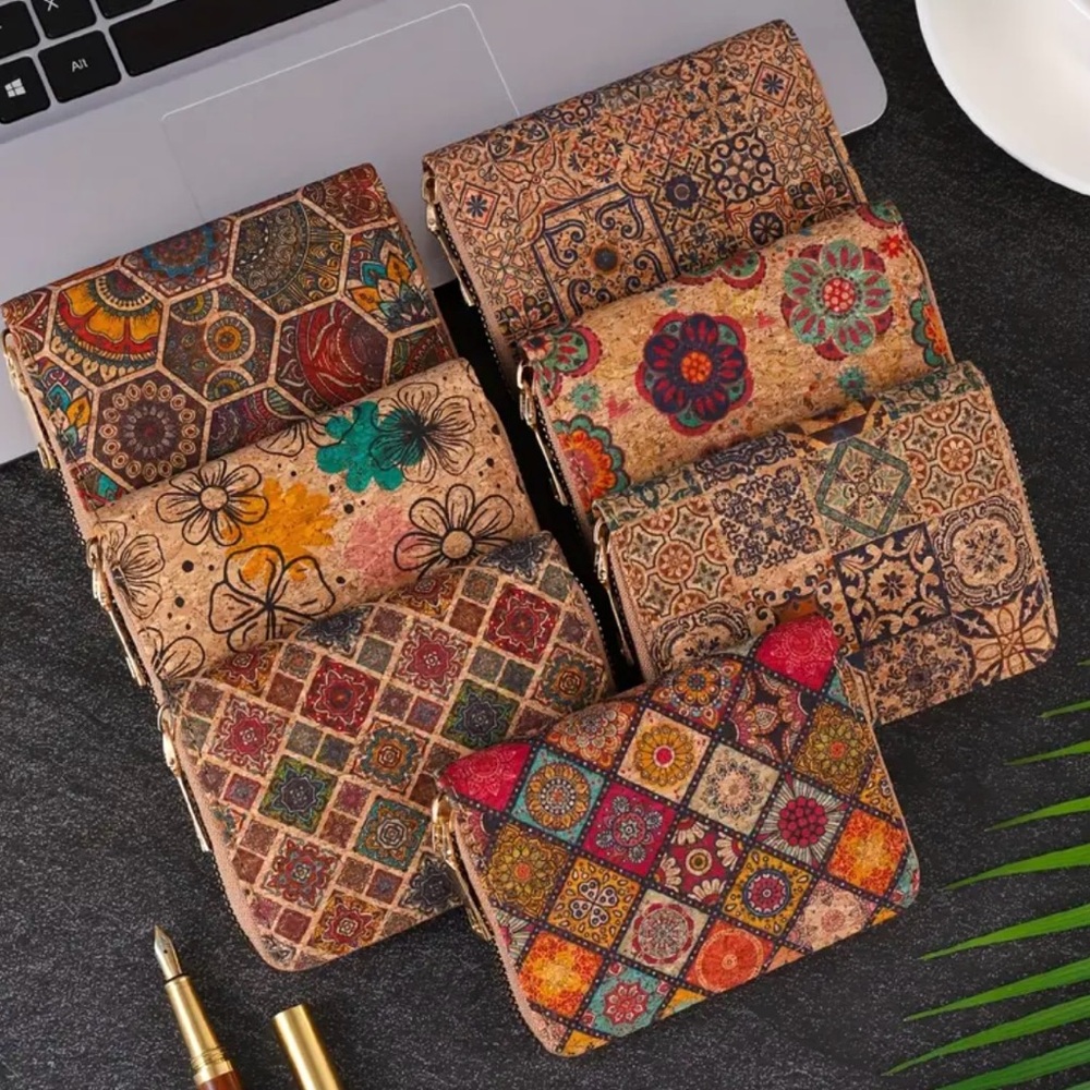 Boho Cork Mini Wallet Floral Coin Purse Zipper Credit Card Holder Vegan Travel - Picture 3 of 8